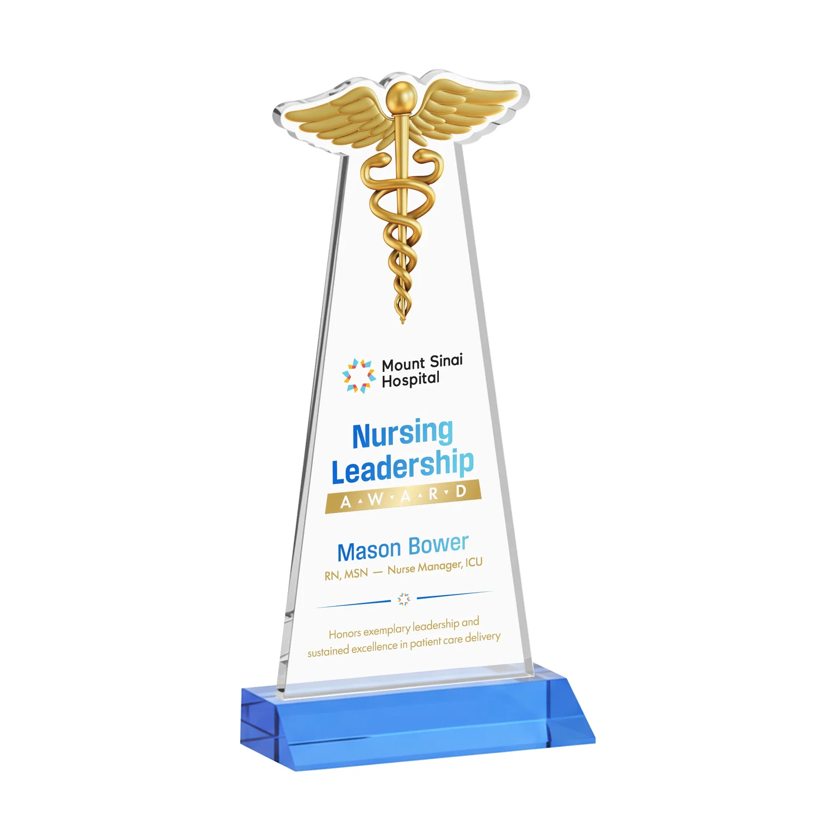 Customized Starfire Crystal Caduceus Award for sales achievement awards