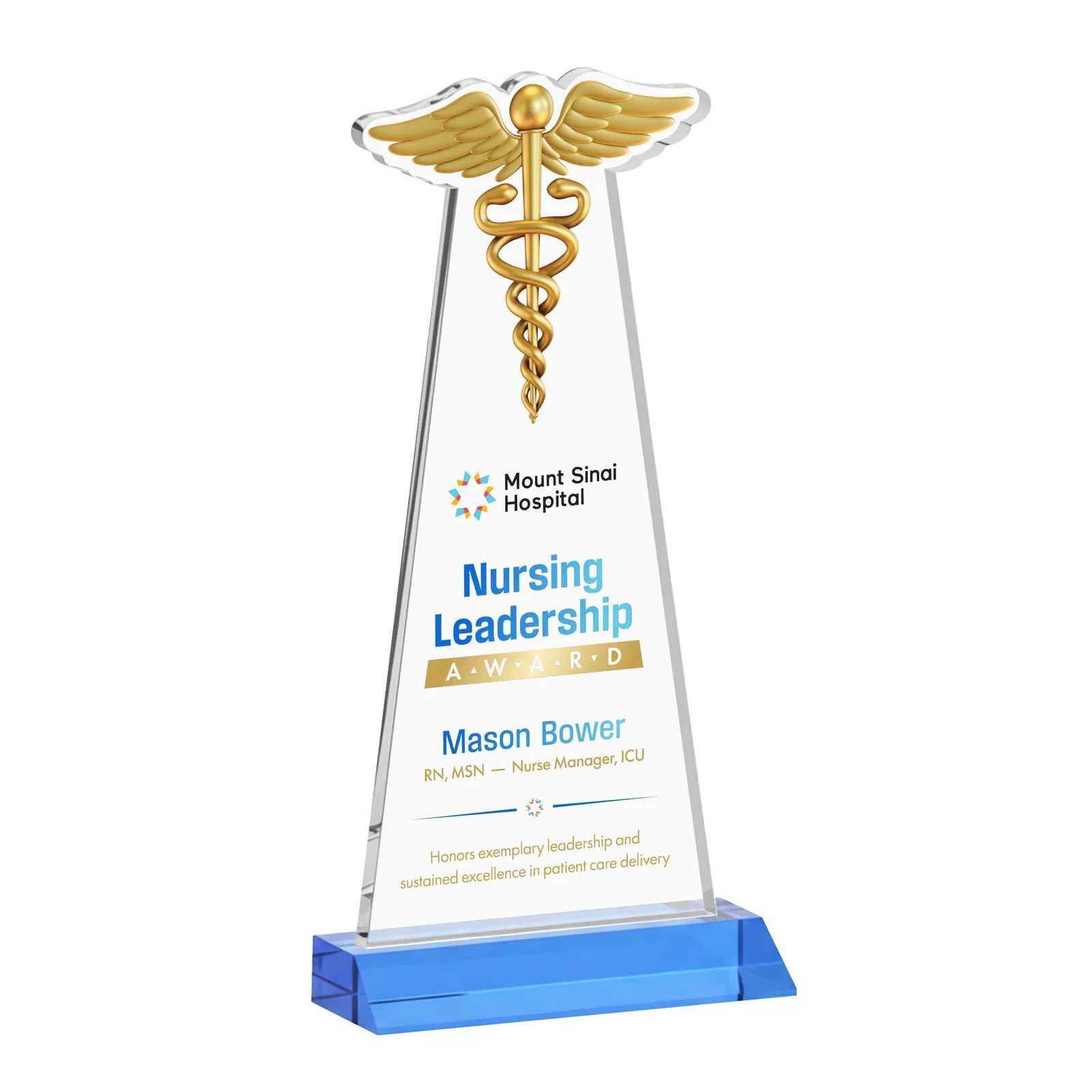 Customized Starfire Crystal Caduceus Award for retirement presentations