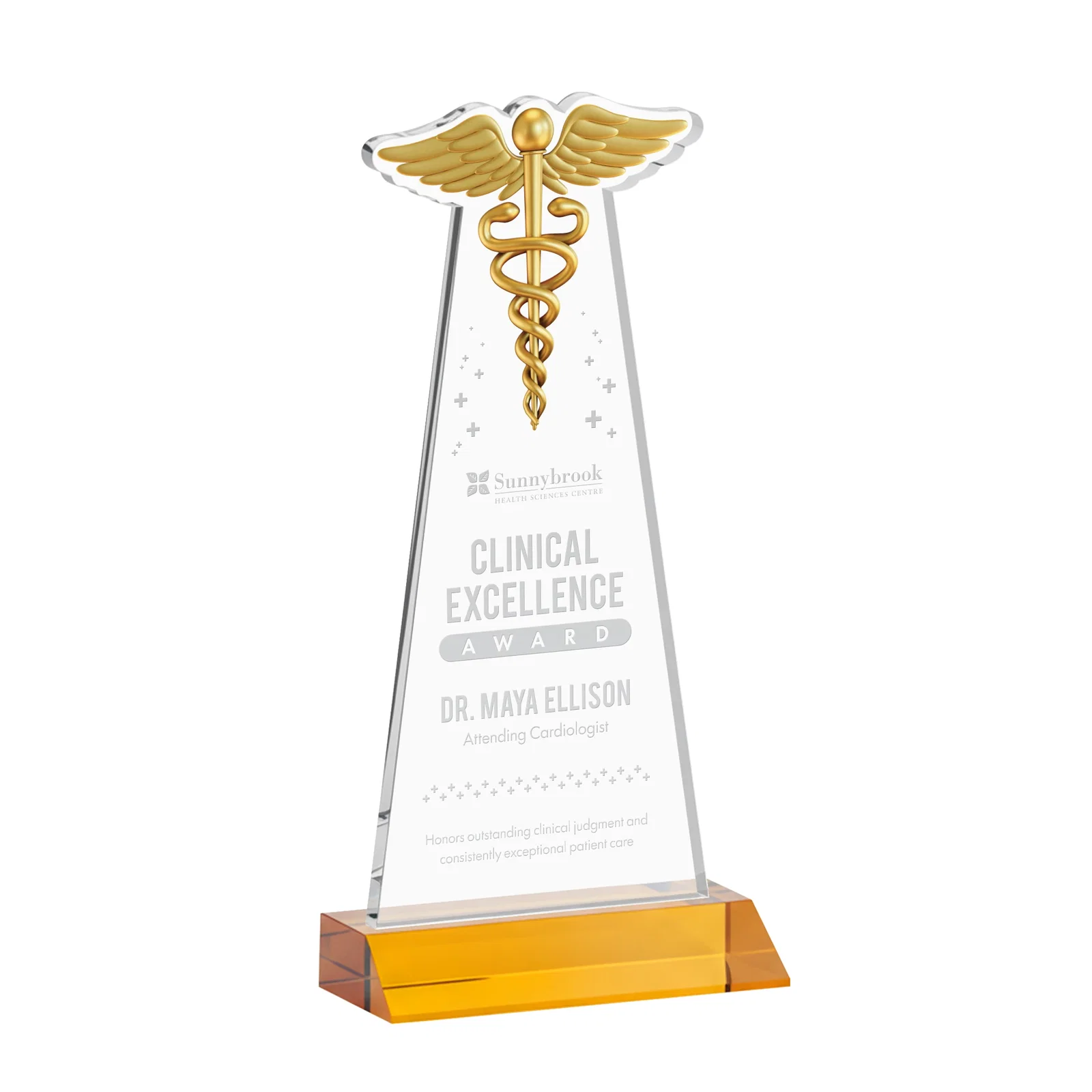 Custom Starfire Crystal Caduceus Award for graduation ceremonies