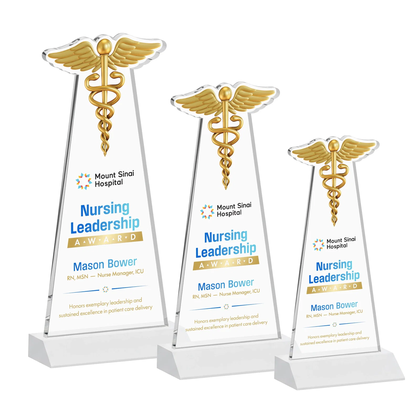 Customized Starfire Crystal Caduceus Award for team milestone celebrations