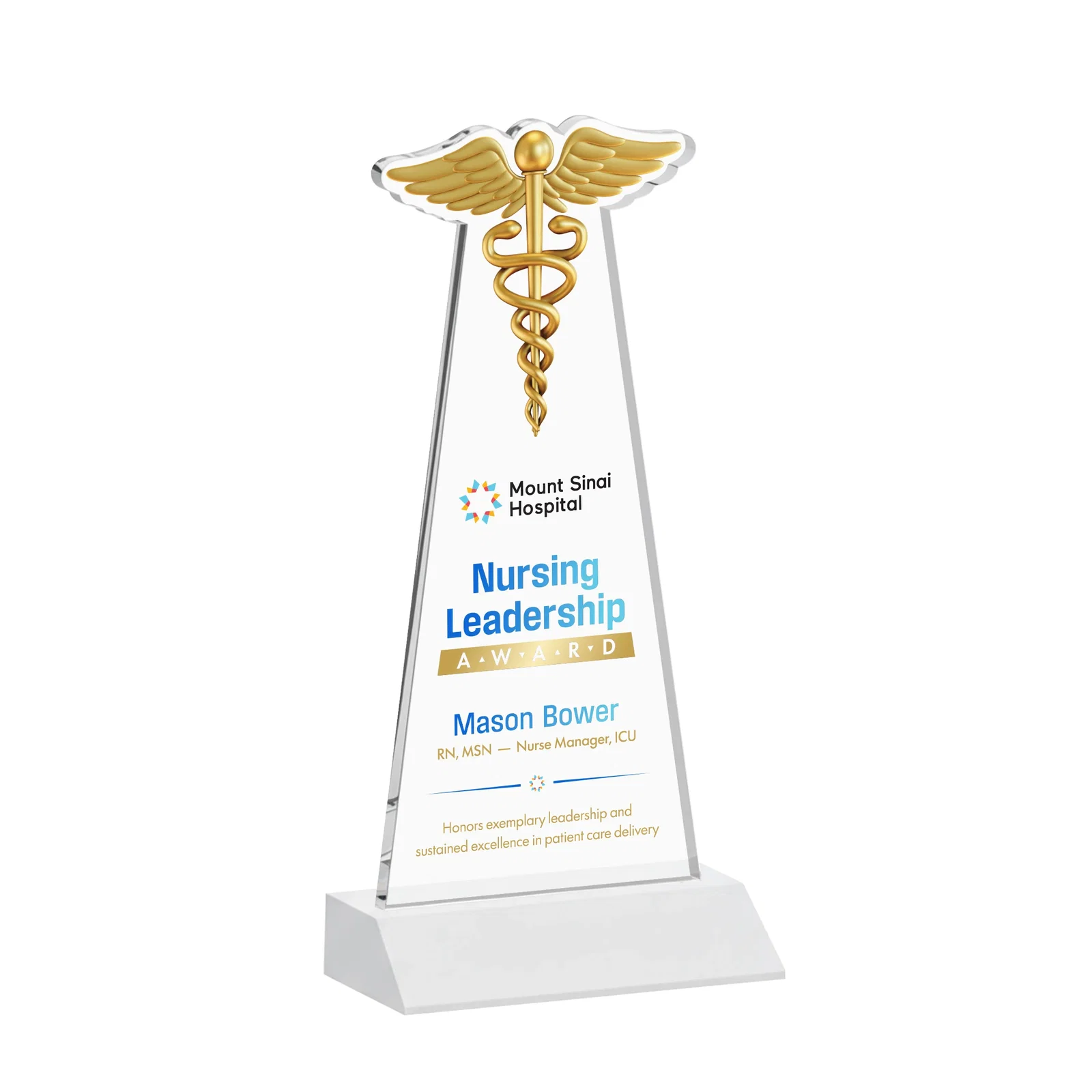 Customized Starfire Crystal Caduceus Award for donor appreciation