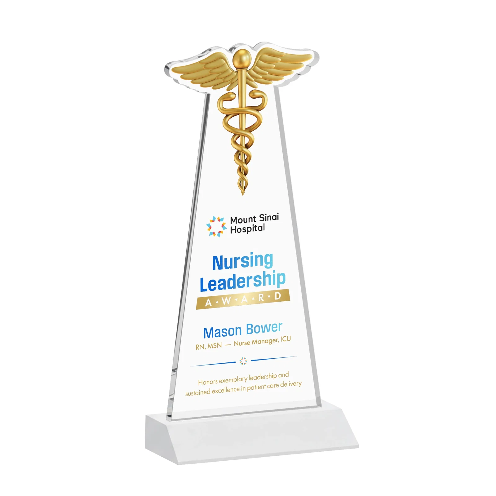 Customized Starfire Crystal Caduceus Award for graduation ceremonies