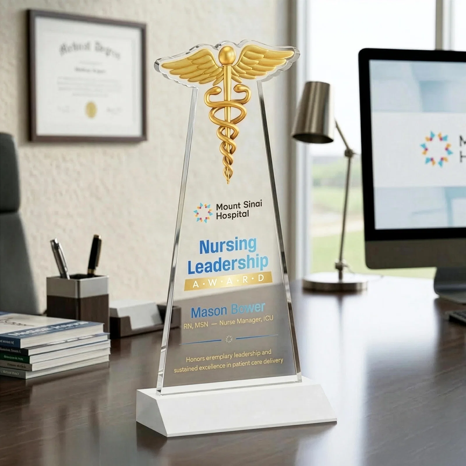 Customized Starfire Crystal Caduceus Award for volunteer appreciation