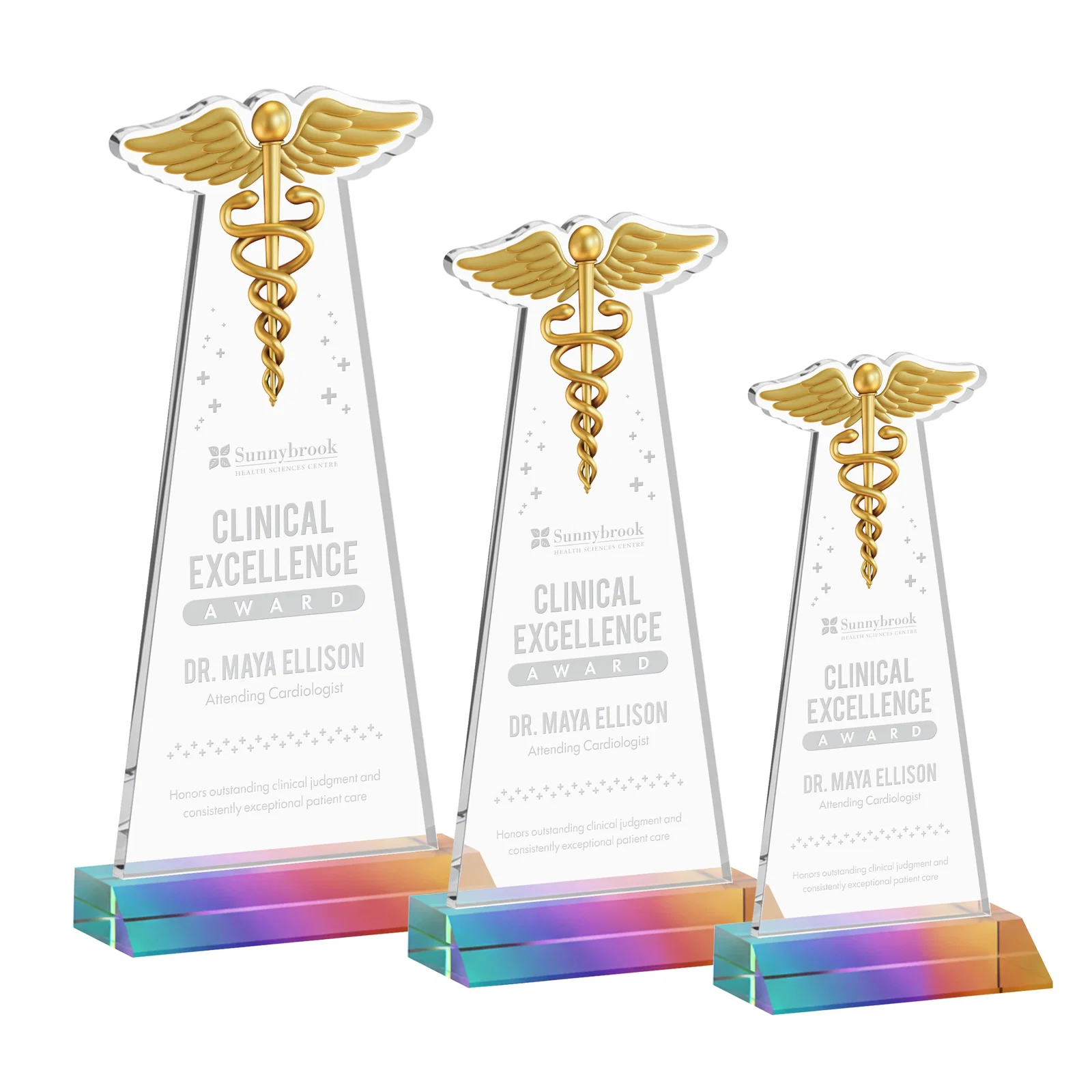 Customized Starfire Crystal Caduceus Award for dealer and partner awards