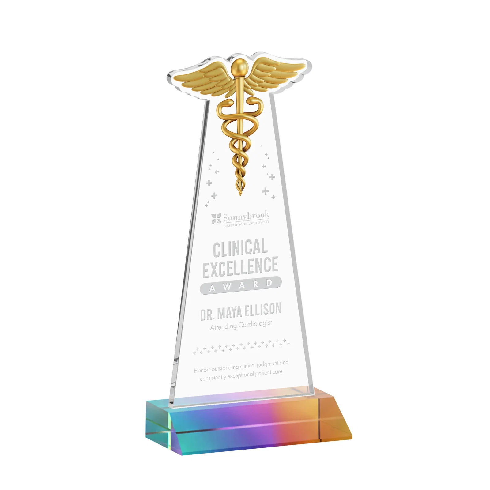 Customized Starfire Crystal Caduceus Award for company anniversary events
