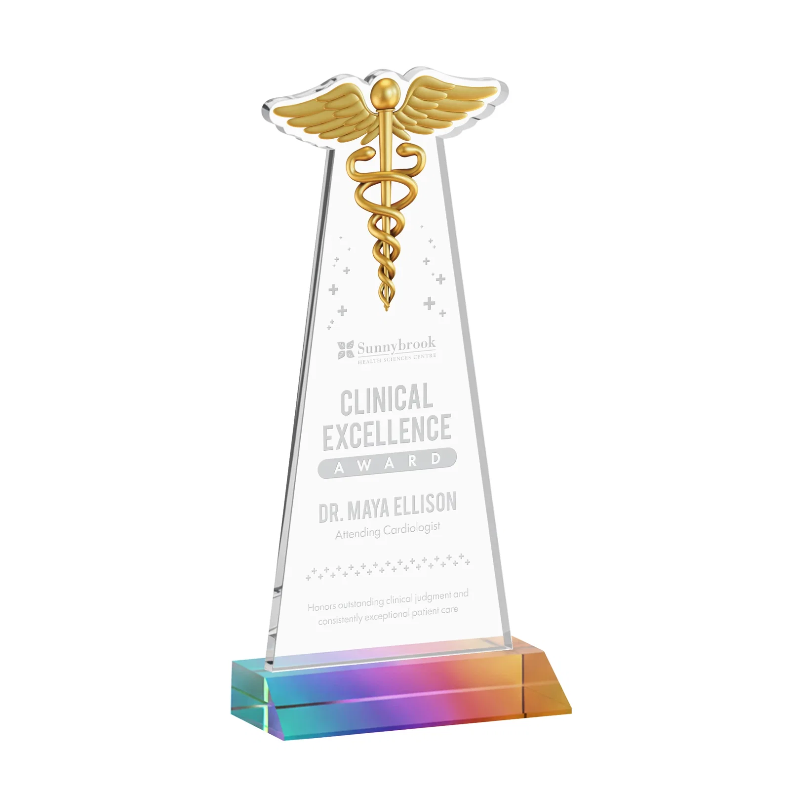 Custom engraved Starfire Crystal Caduceus Award for employee recognition