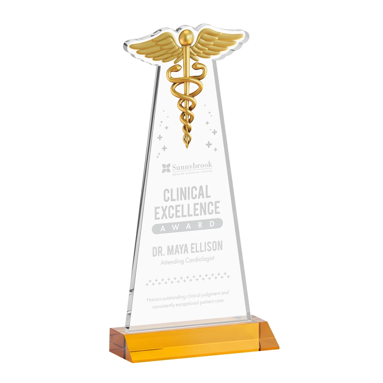 Custom Starfire Crystal Caduceus Award for safety achievement programs