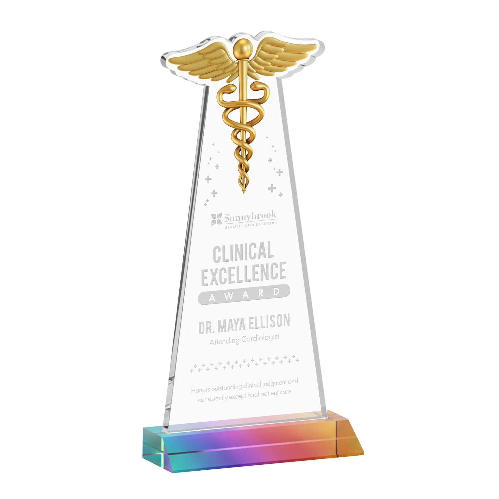 Custom engraved Starfire Crystal Caduceus Award for corporate award ceremonies