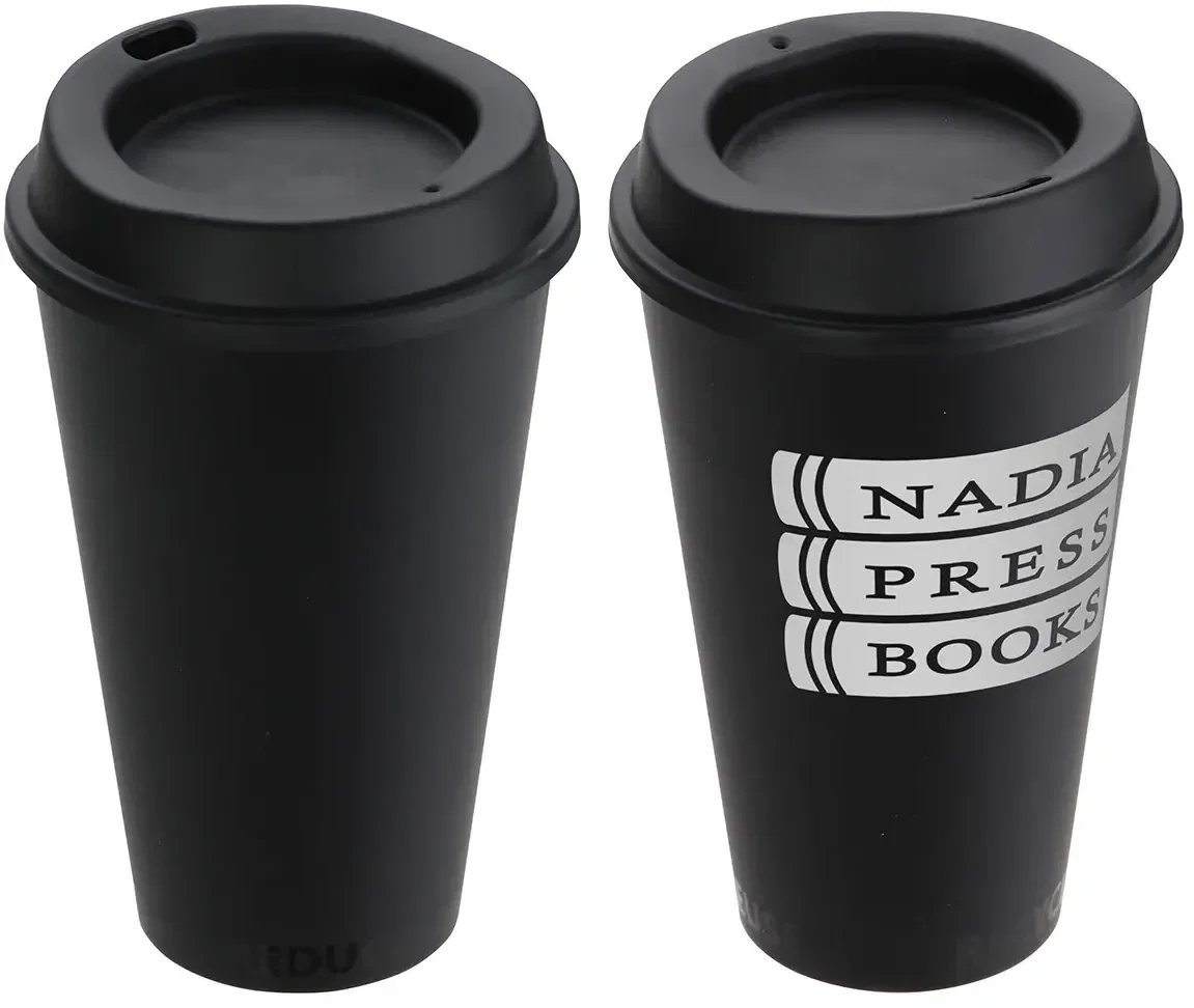 Cafe promotional recycled to-go cup, side view showing press-on sip lid