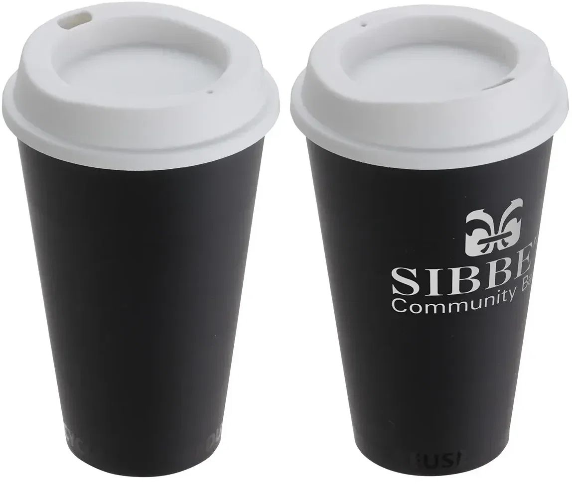 custom Cafe to-go cup with lid off, branded 17 oz recycled plastic cup