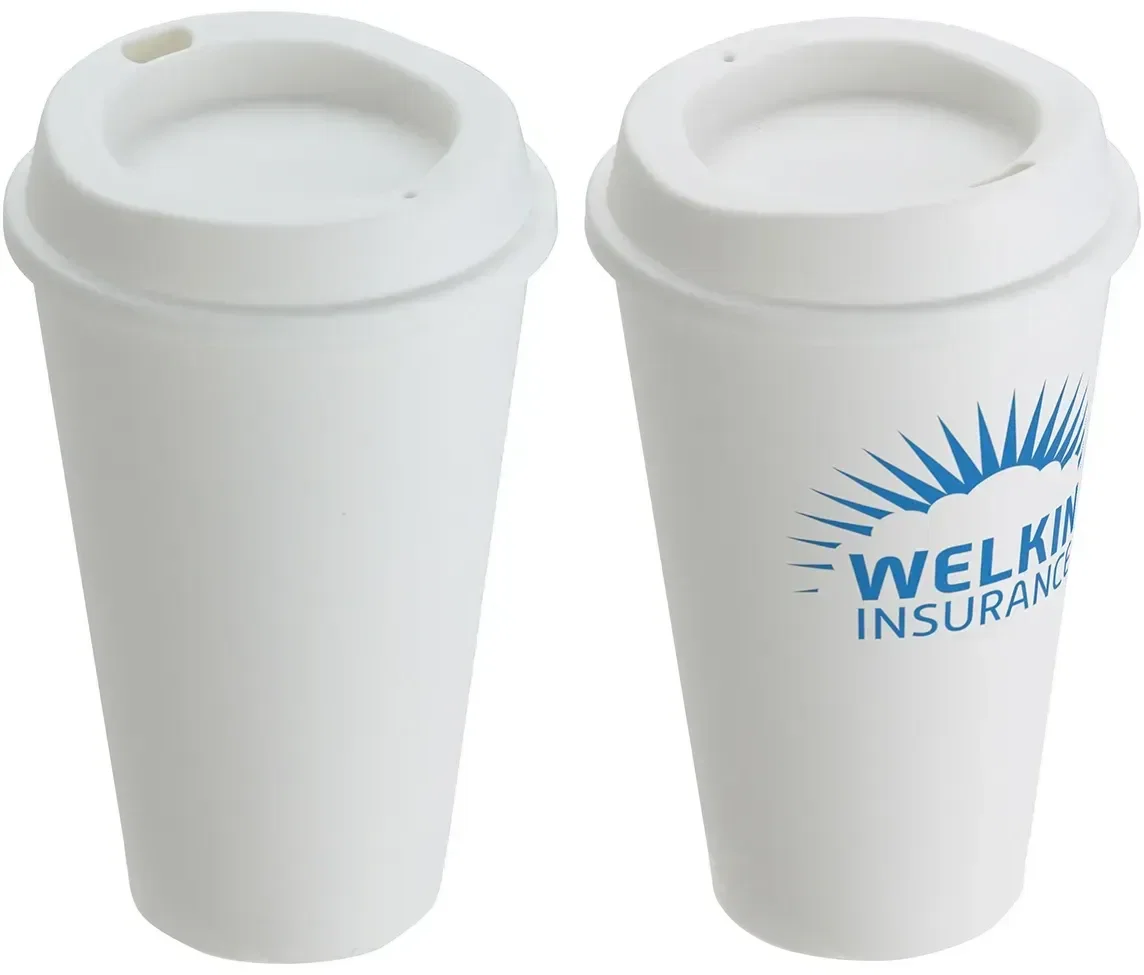 Cafe branded recycled coffee cup, close-up of sip lid and logo imprint area