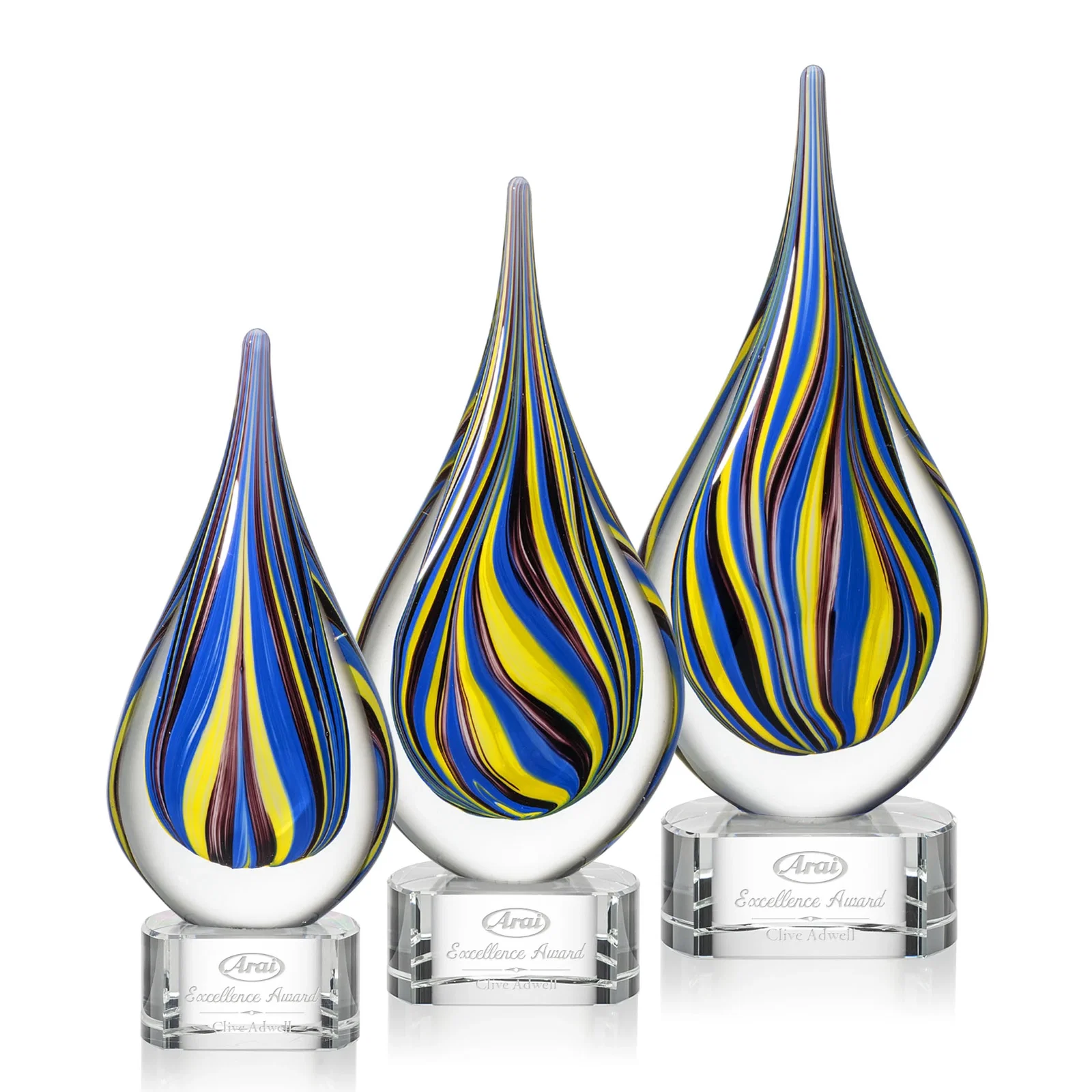 Custom Cobalt and Amber Glass Teardrop Award With Sealed Flow Lines for employee recognition