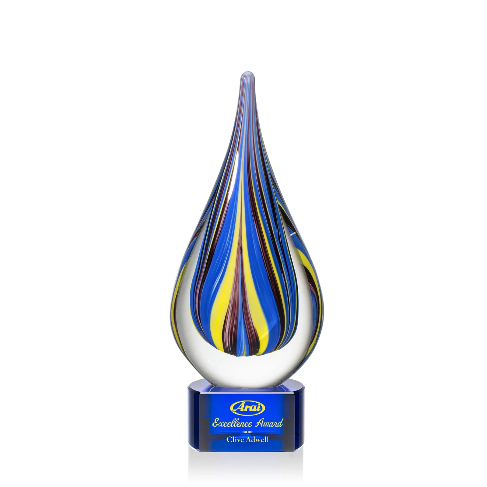 Custom Cobalt and Amber Glass Teardrop Award With Sealed Flow Lines for volunteer appreciation
