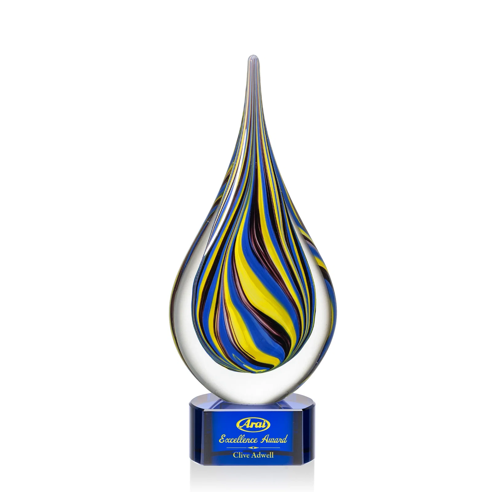 Custom Cobalt and Amber Glass Teardrop Award With Sealed Flow Lines for dealer and partner awards