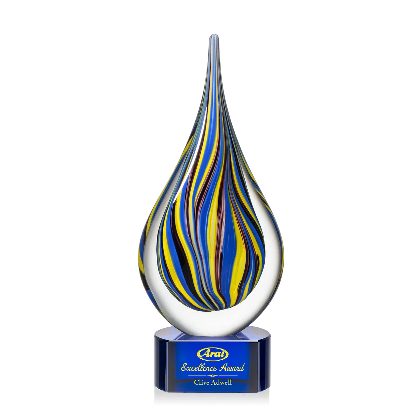 Custom Cobalt and Amber Glass Teardrop Award With Sealed Flow Lines for company anniversary events