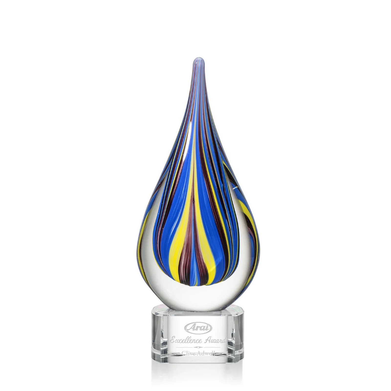 Custom Cobalt and Amber Glass Teardrop Award With Sealed Flow Lines for corporate award ceremonies