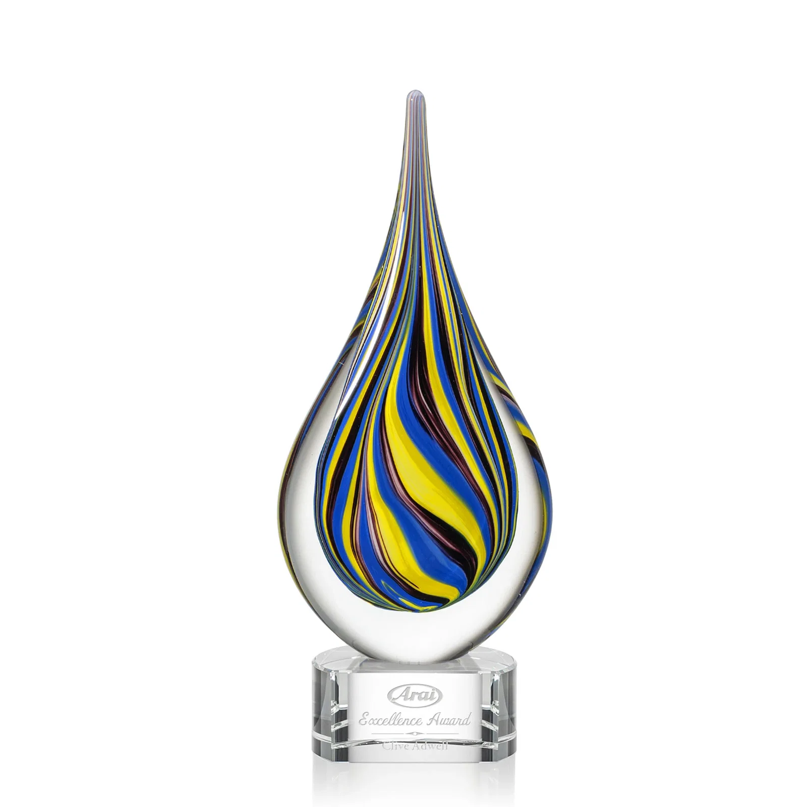 Custom Cobalt and Amber Glass Teardrop Award With Sealed Flow Lines for service anniversary gifts
