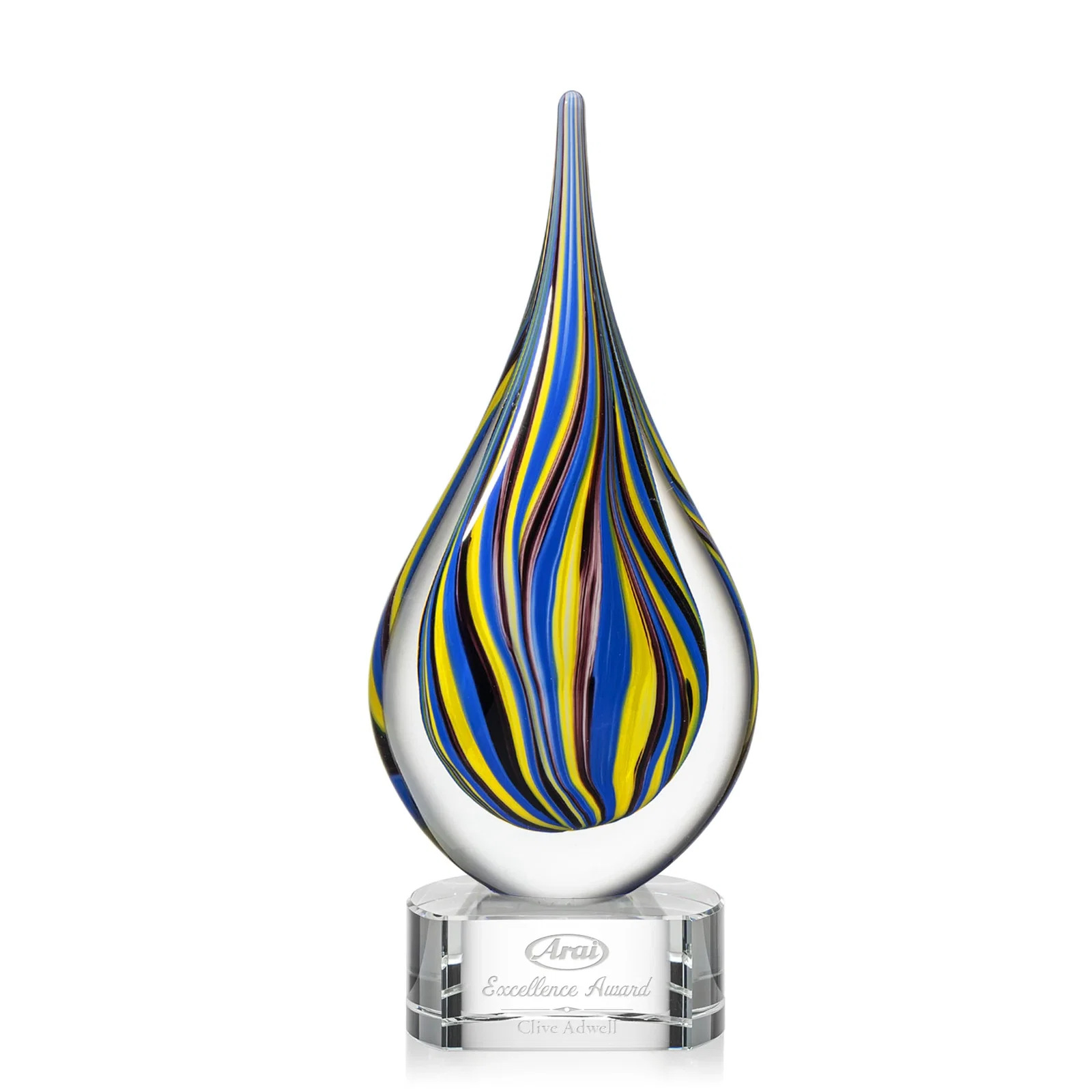Custom Cobalt and Amber Glass Teardrop Award With Sealed Flow Lines for sales achievement awards