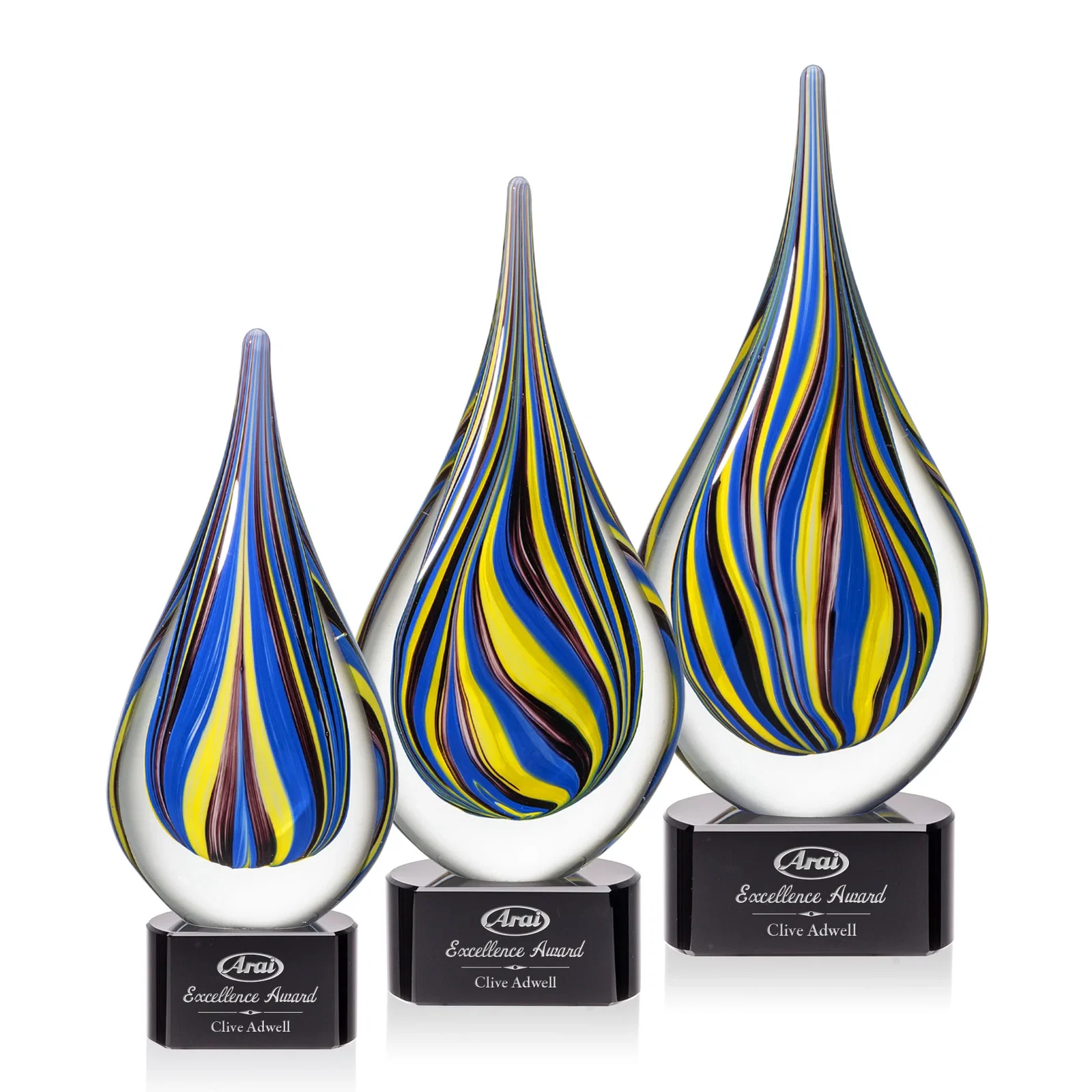 Custom Cobalt and Amber Glass Teardrop Award With Sealed Flow Lines for retirement presentations