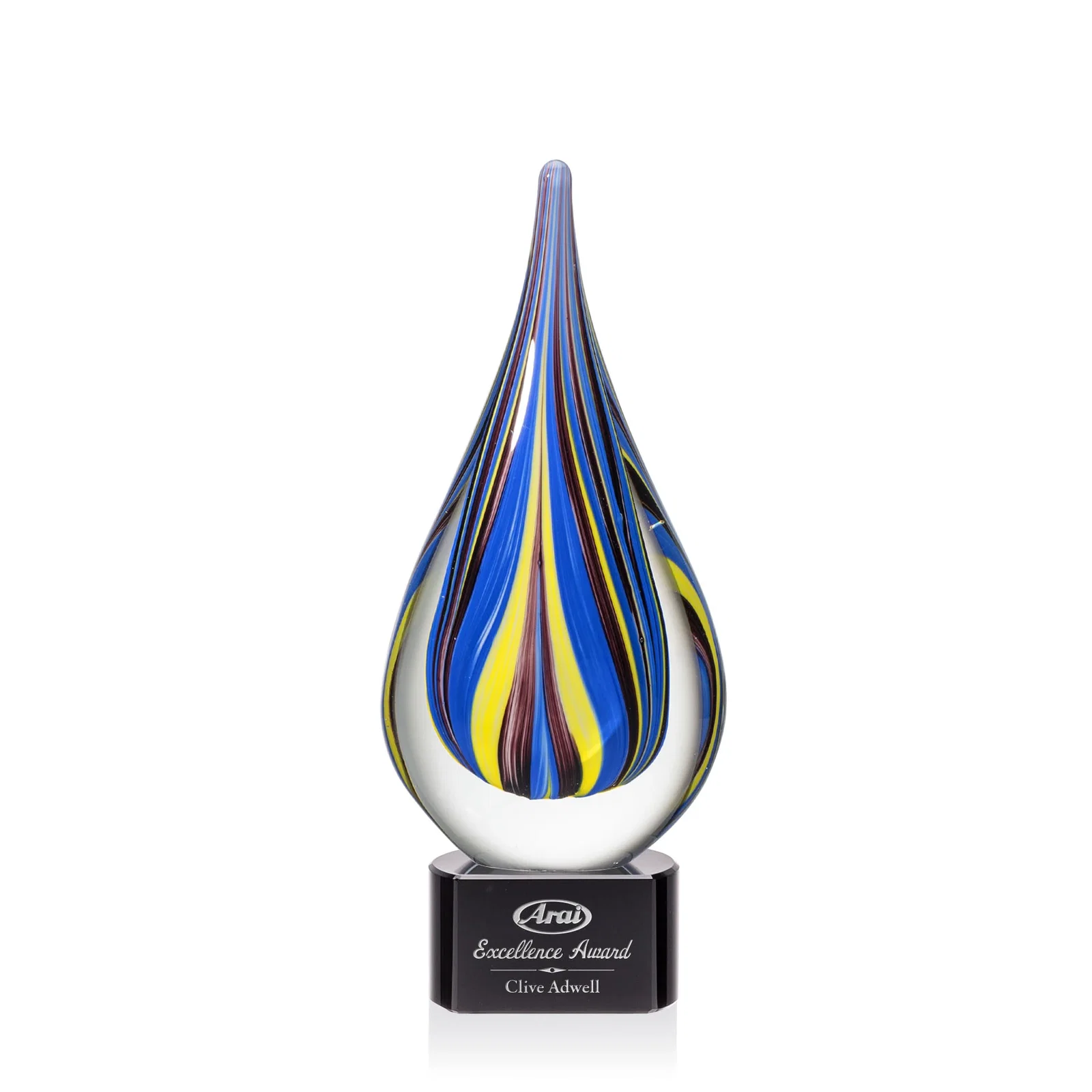 Custom Cobalt and Amber Glass Teardrop Award With Sealed Flow Lines for team milestone celebrations