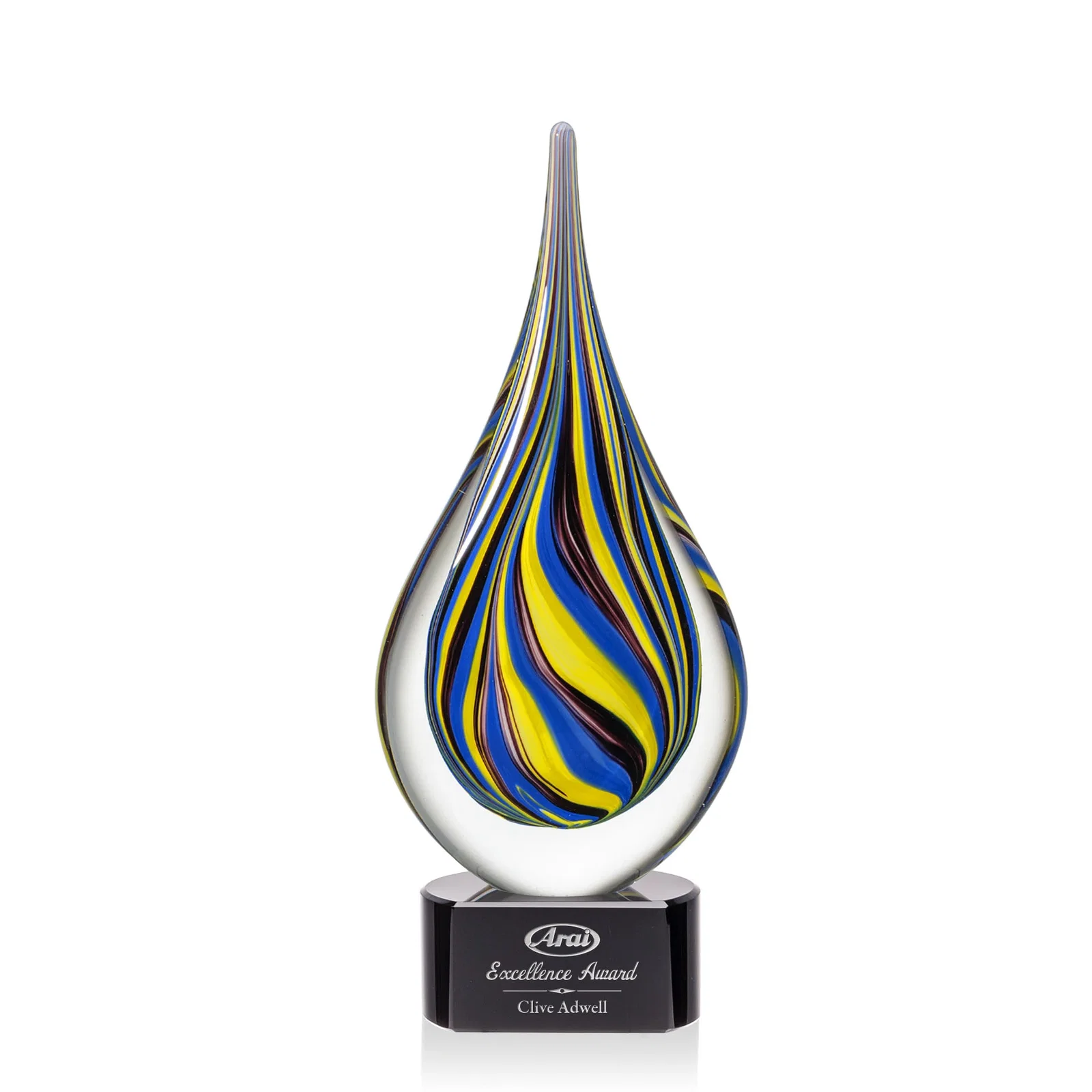 Custom Cobalt and Amber Glass Teardrop Award With Sealed Flow Lines for donor appreciation