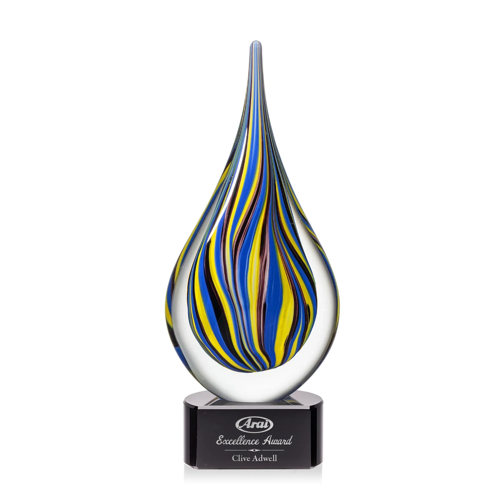Custom Cobalt and Amber Glass Teardrop Award With Sealed Flow Lines for graduation ceremonies