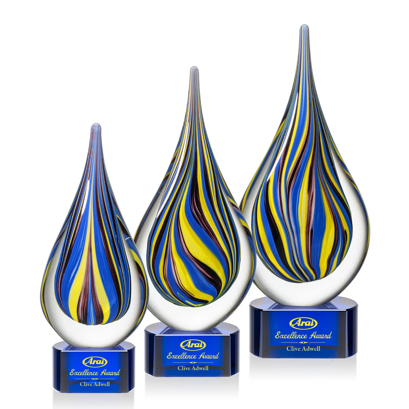 Custom Cobalt and Amber Glass Teardrop Award With Sealed Flow Lines for safety achievement programs