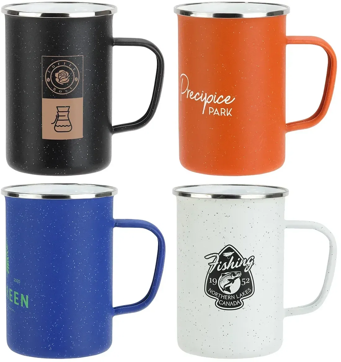 Caldron 22 oz Enamel-Lined Iron Mug, branded camp mug with speckled finish, front view