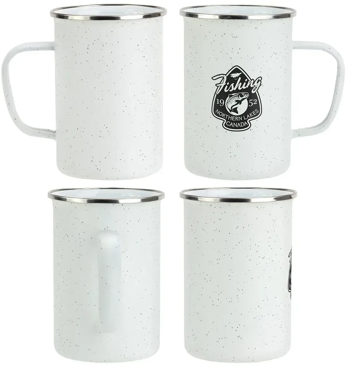 Promotional Caldron enamel-lined iron mug showing speckled rim, top detail