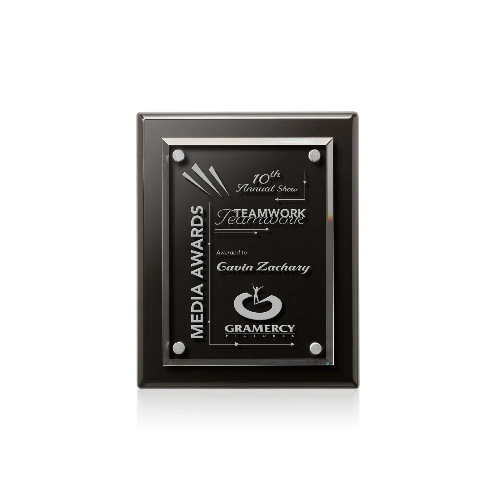 Custom Starfire Crystal Wall Plaque with Drop Shadow Backing for corporate award ceremonies