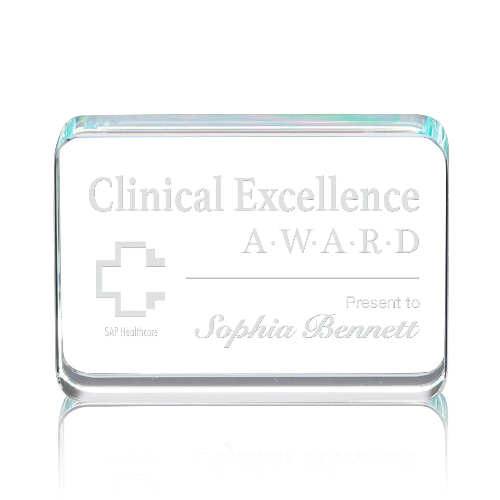 Custom Starfire Crystal Rounded-Rectangle Desk Award for employee recognition