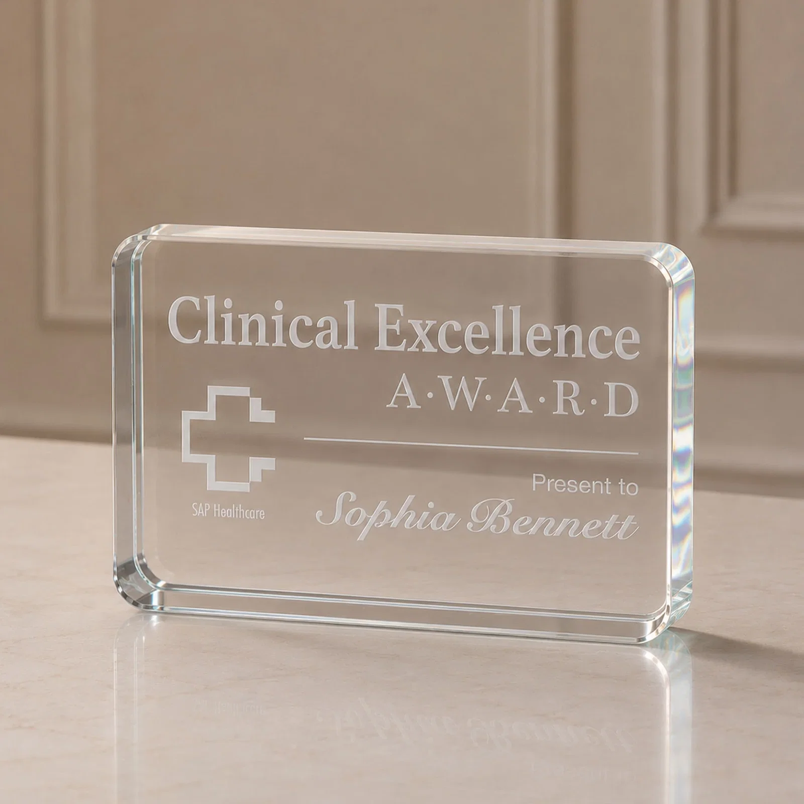 Custom Starfire Crystal Rounded-Rectangle Desk Award for service anniversary gifts