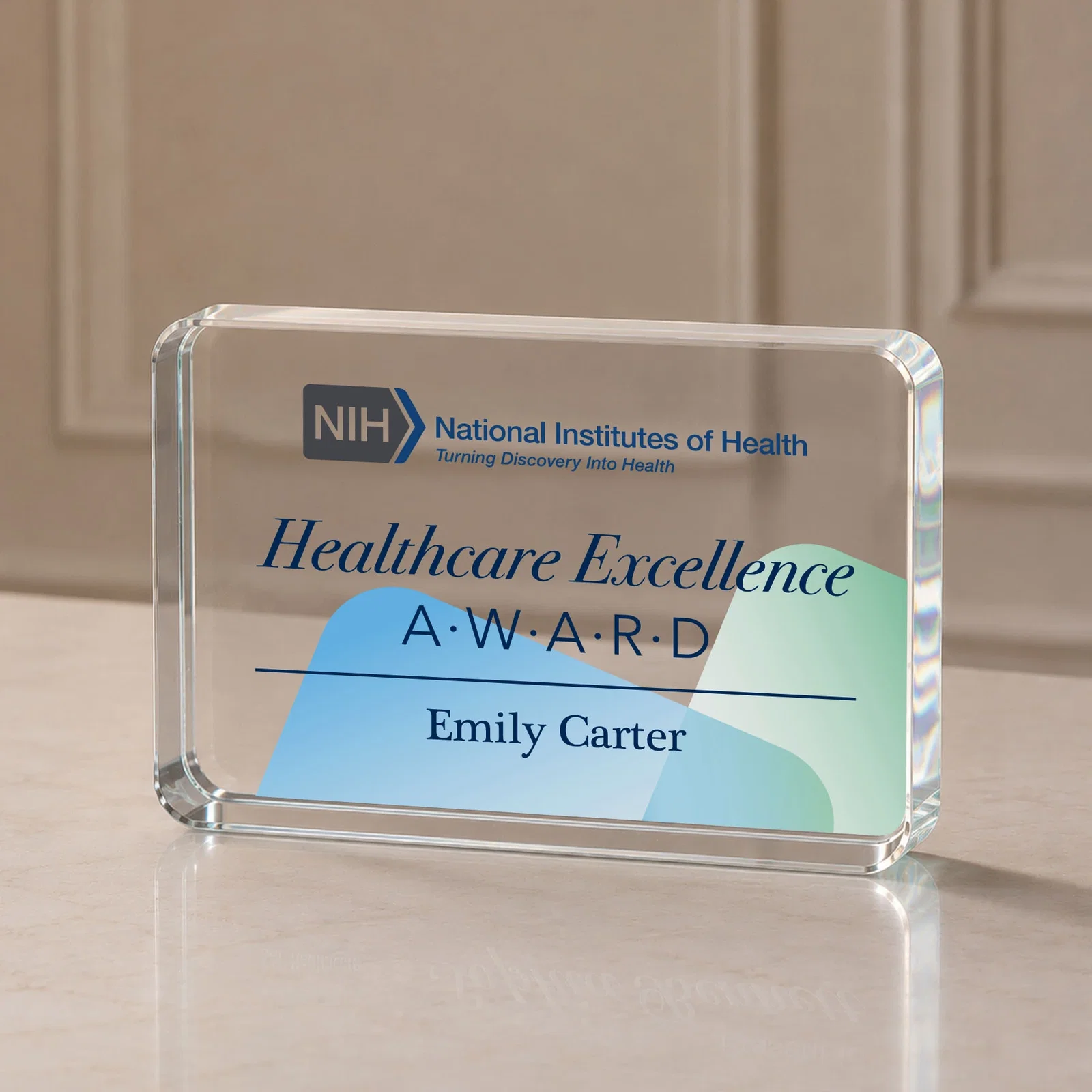 Custom Starfire Crystal Rounded-Rectangle Desk Award for team milestone celebrations