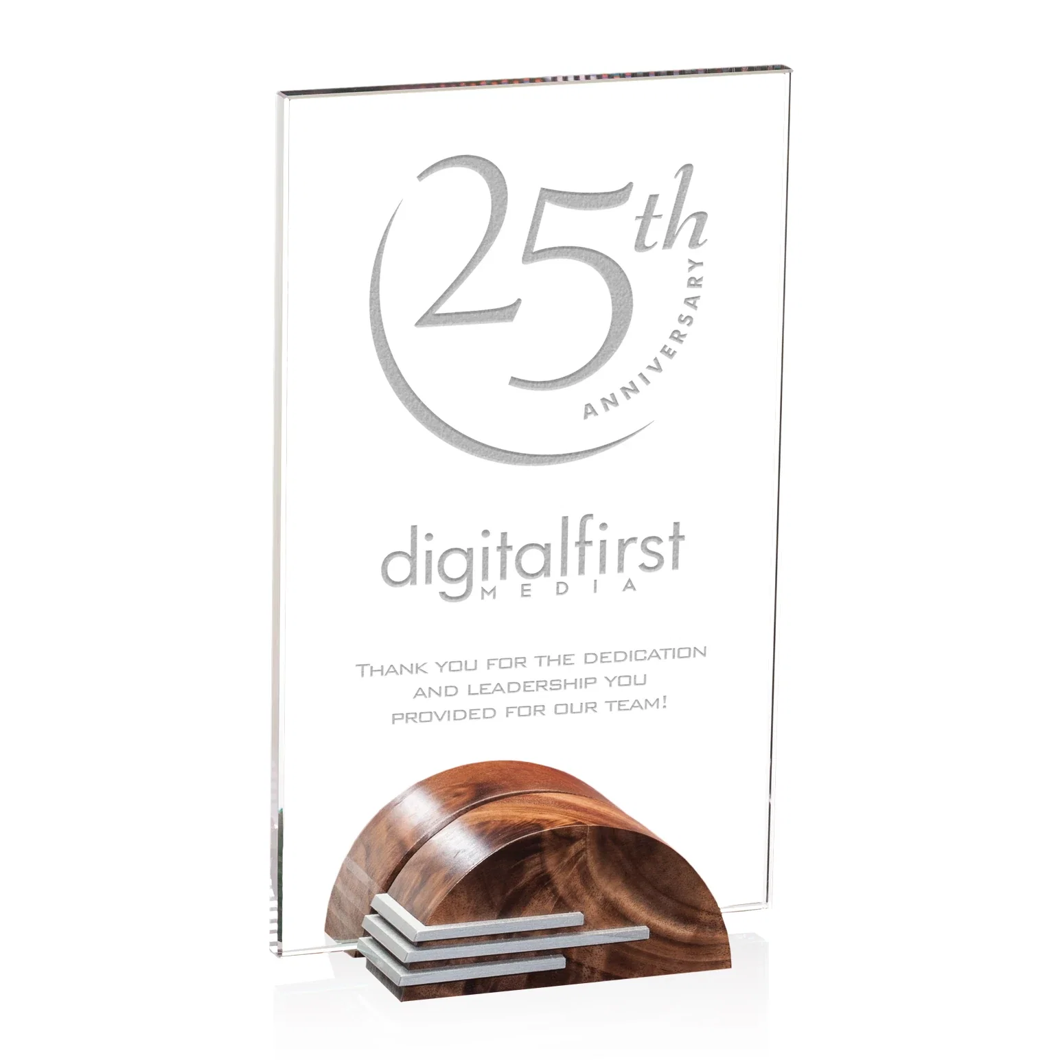 Custom Starfire Crystal Award on Black Walnut Semicircle Supports, wood awards for employee recognition