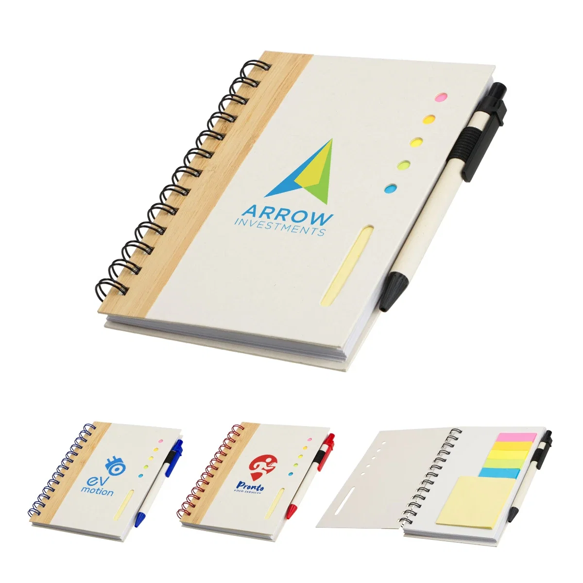 Custom Camber Spiral Notebook, front view of the branded notebook with pen