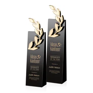 Black Optical Crystal Tower Award with Polished Gold Wreath