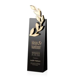 Black Optical Crystal Tower Award with Polished Gold Wreath