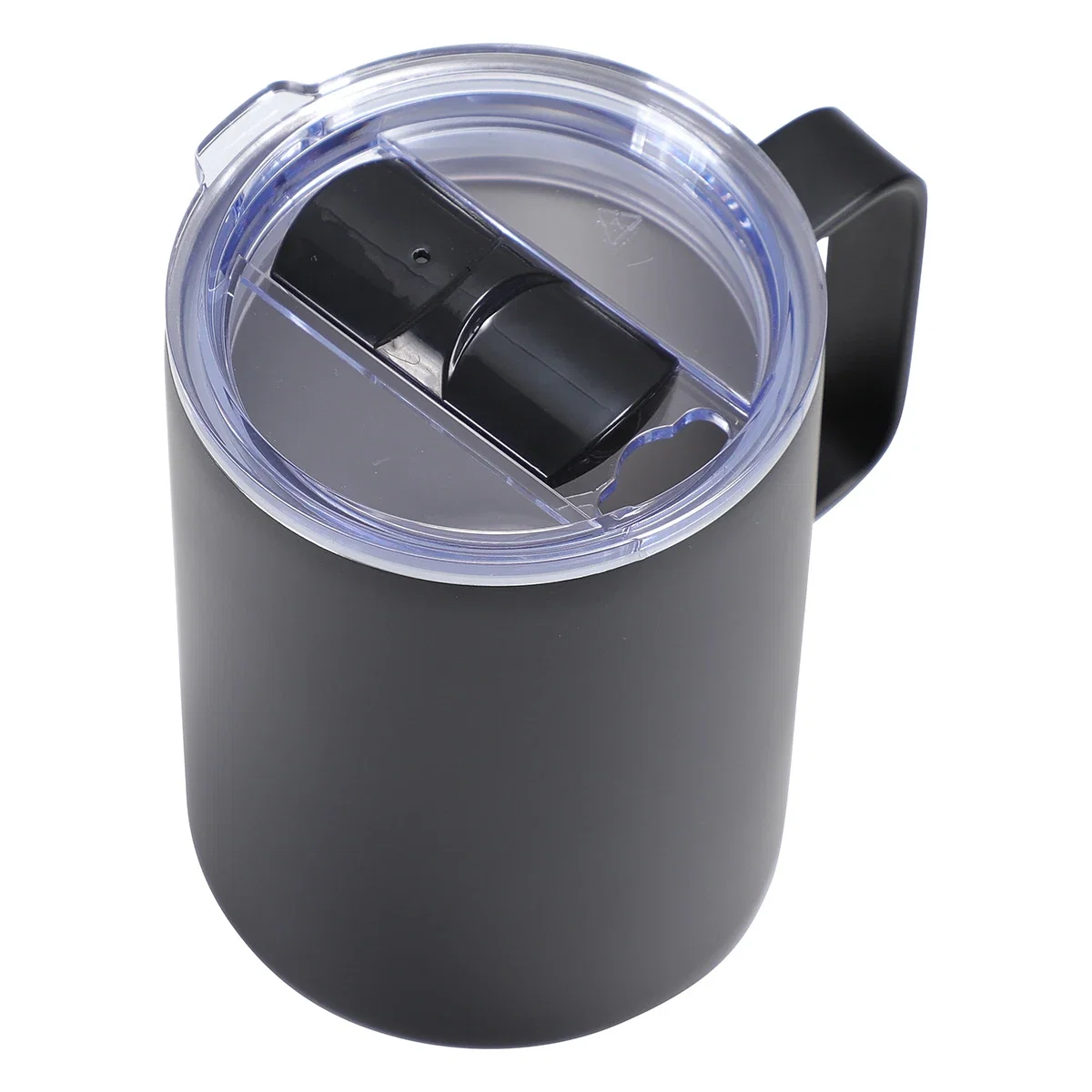 Side profile of the custom Camper 14 oz Vacuum Insulated Camp Mug, showing its tapered insulated body