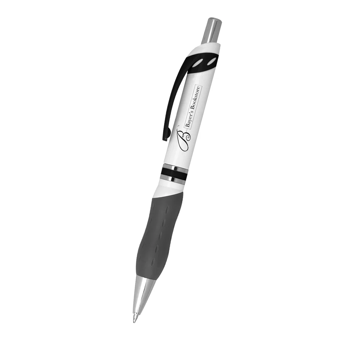 White barrel pen with a colored clip and matching accents