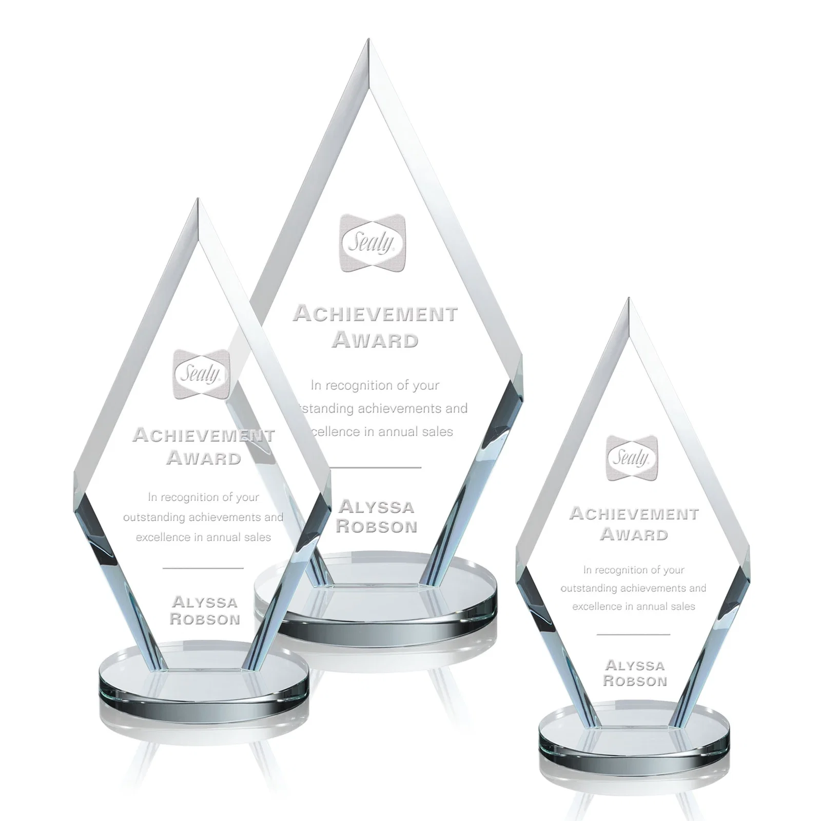 Custom Starfire Crystal Diamond Award, Also in Rosewood Crystal for employee recognition
