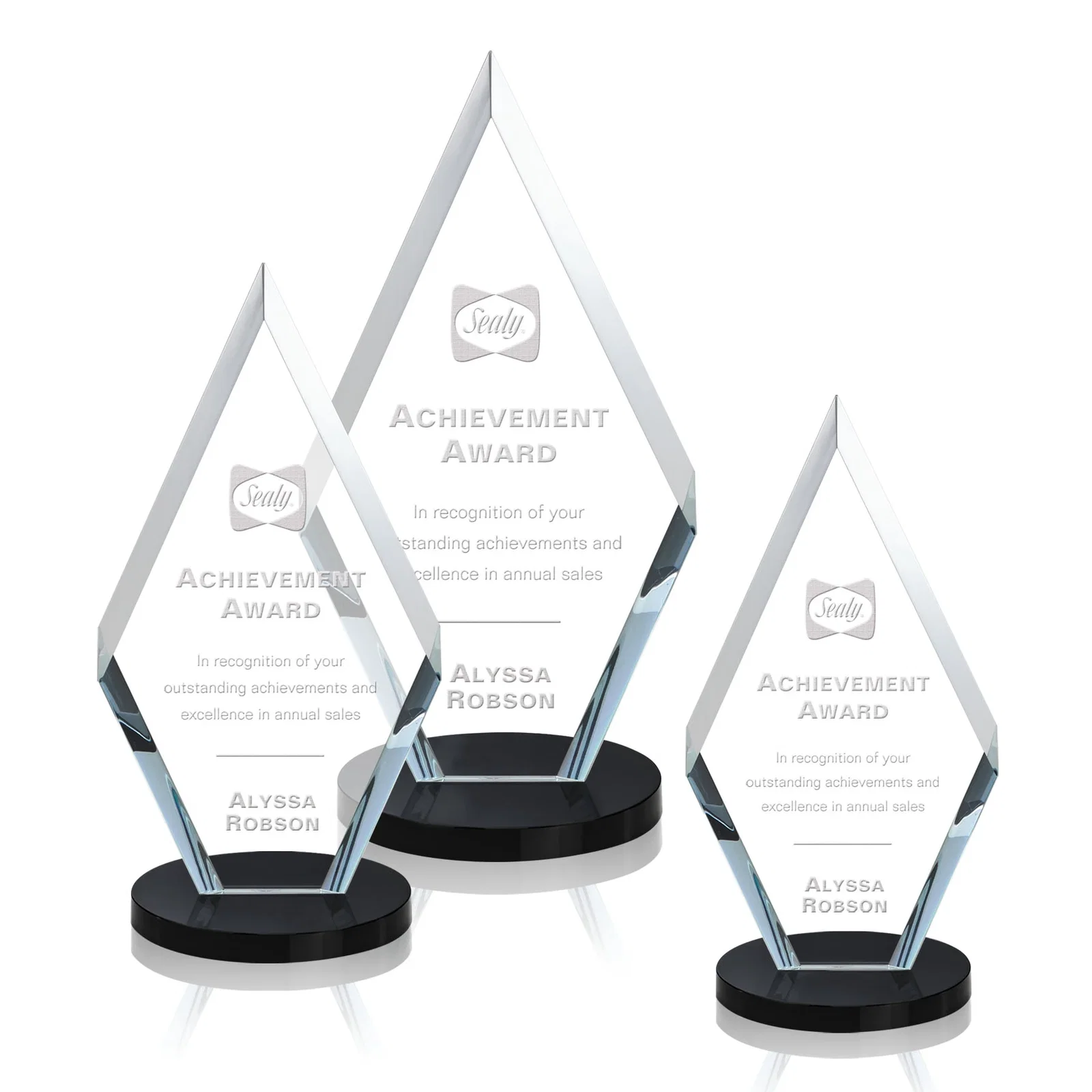 Personalized Starfire Crystal Diamond Award, Also in Rosewood Crystal for employee recognition