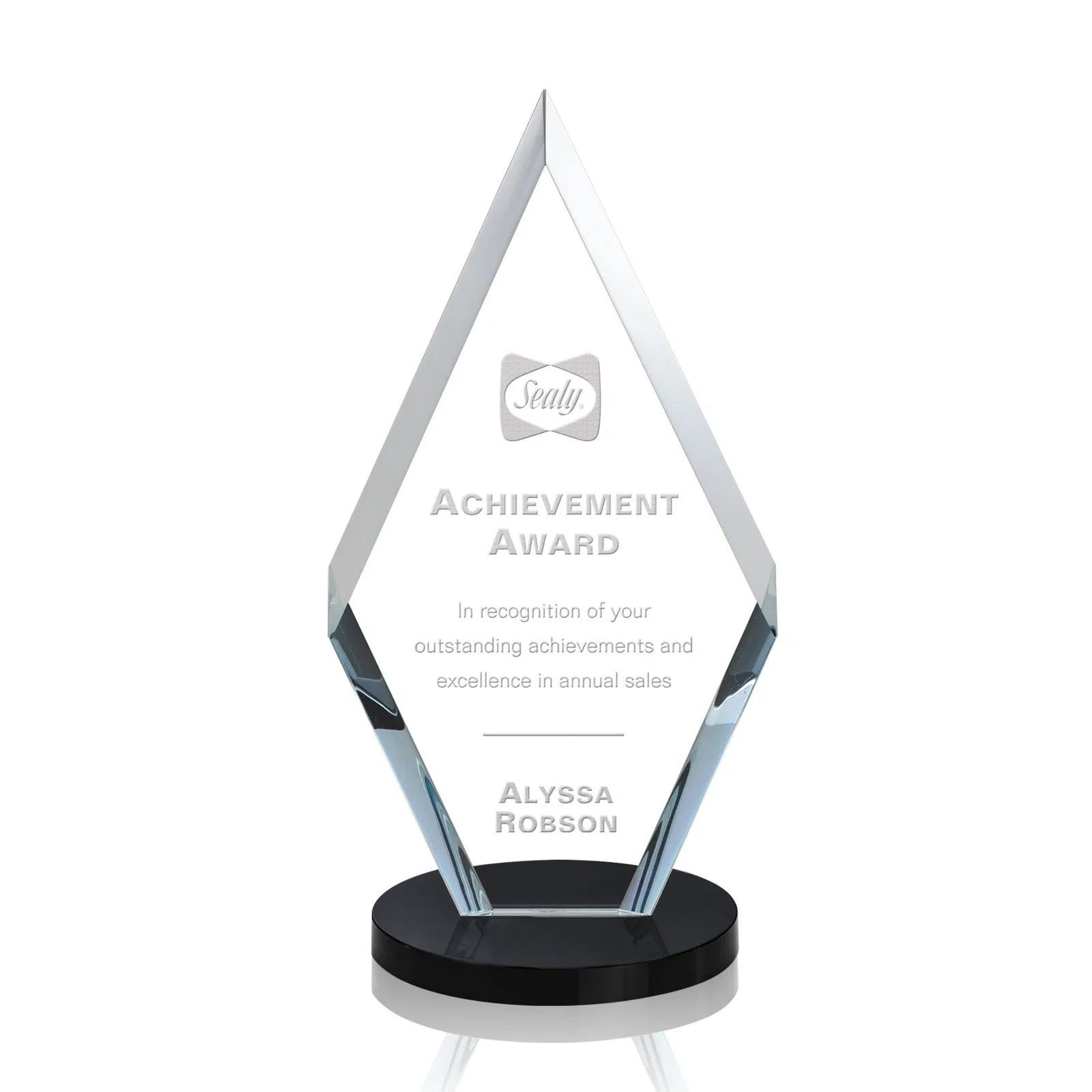 Personalized Starfire Crystal Diamond Award, Also in Rosewood Crystal for corporate award ceremonies