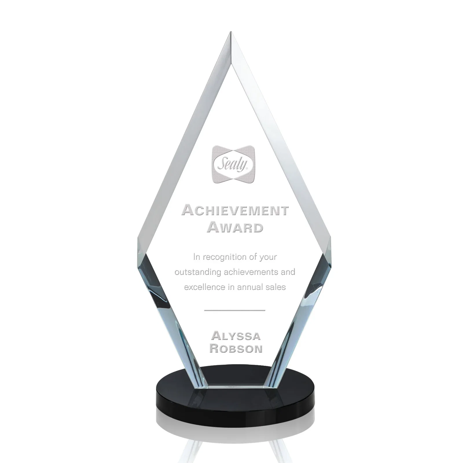 Personalized Starfire Crystal Diamond Award, Also in Rosewood Crystal for service anniversary gifts