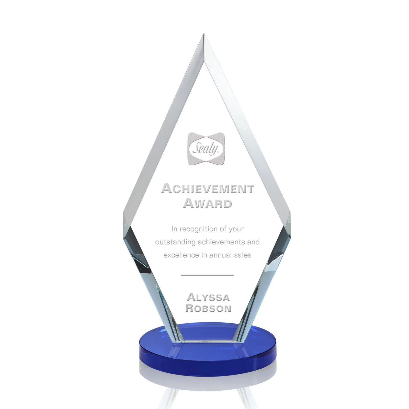 Personalized Starfire Crystal Diamond Award, Also in Rosewood Crystal for team milestone celebrations