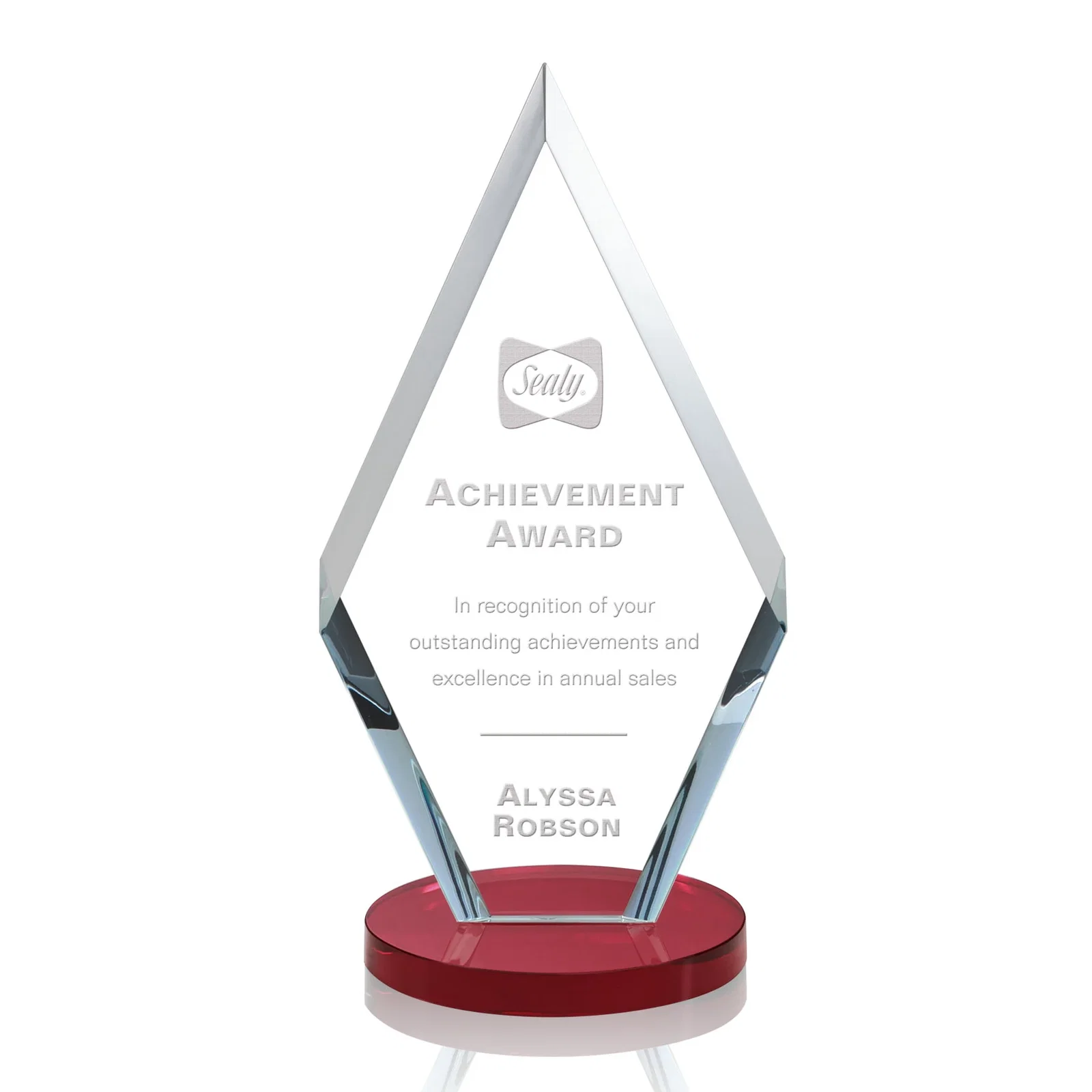Personalized Starfire Crystal Diamond Award, Also in Rosewood Crystal for company anniversary events
