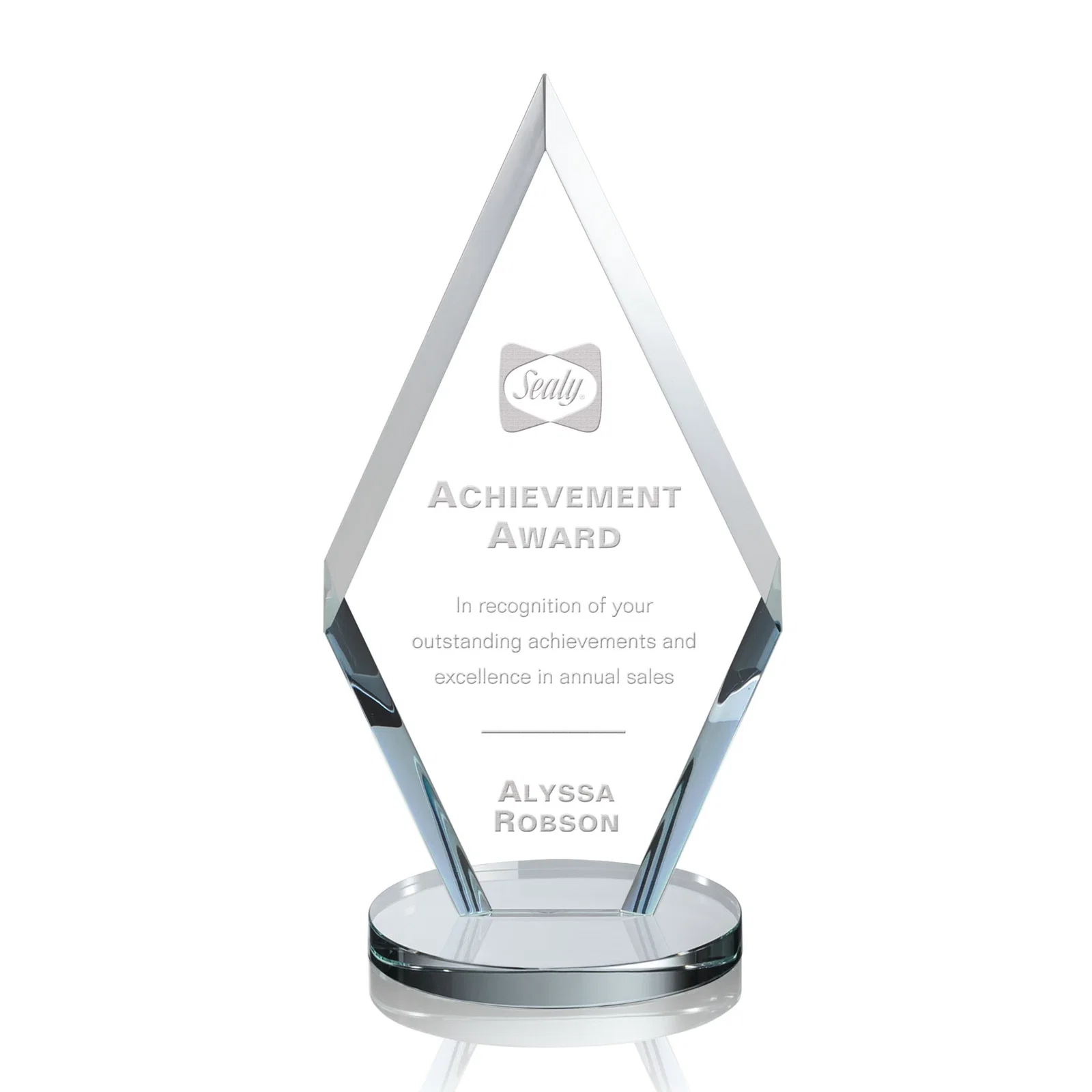 Custom Starfire Crystal Diamond Award, Also in Rosewood Crystal for service anniversary gifts