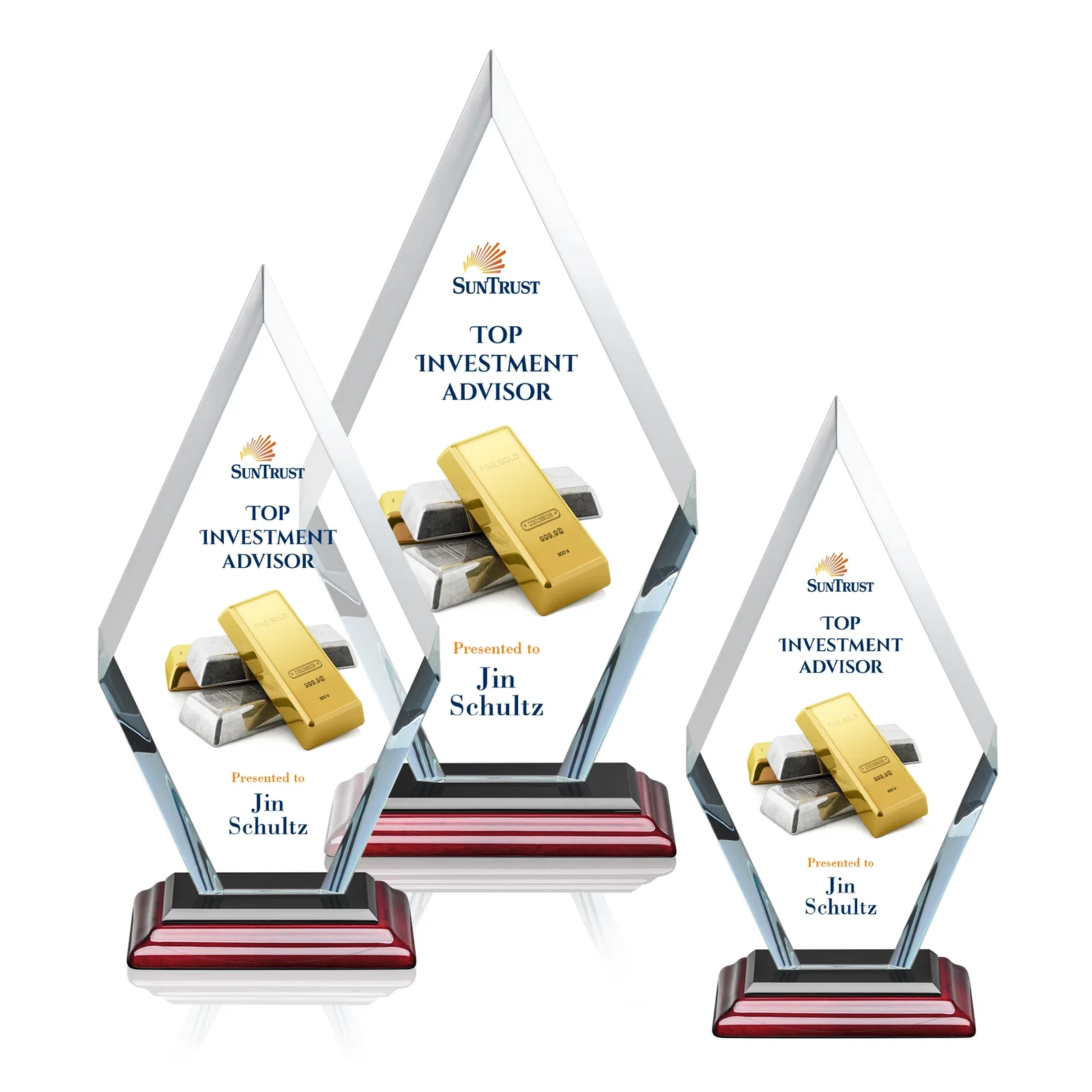 Custom printed Starfire Crystal Diamond Award, Also in Rosewood Crystal for employee recognition