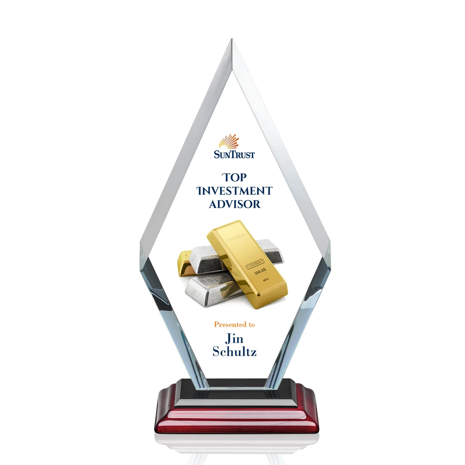 Custom printed Starfire Crystal Diamond Award, Also in Rosewood Crystal for corporate award ceremonies