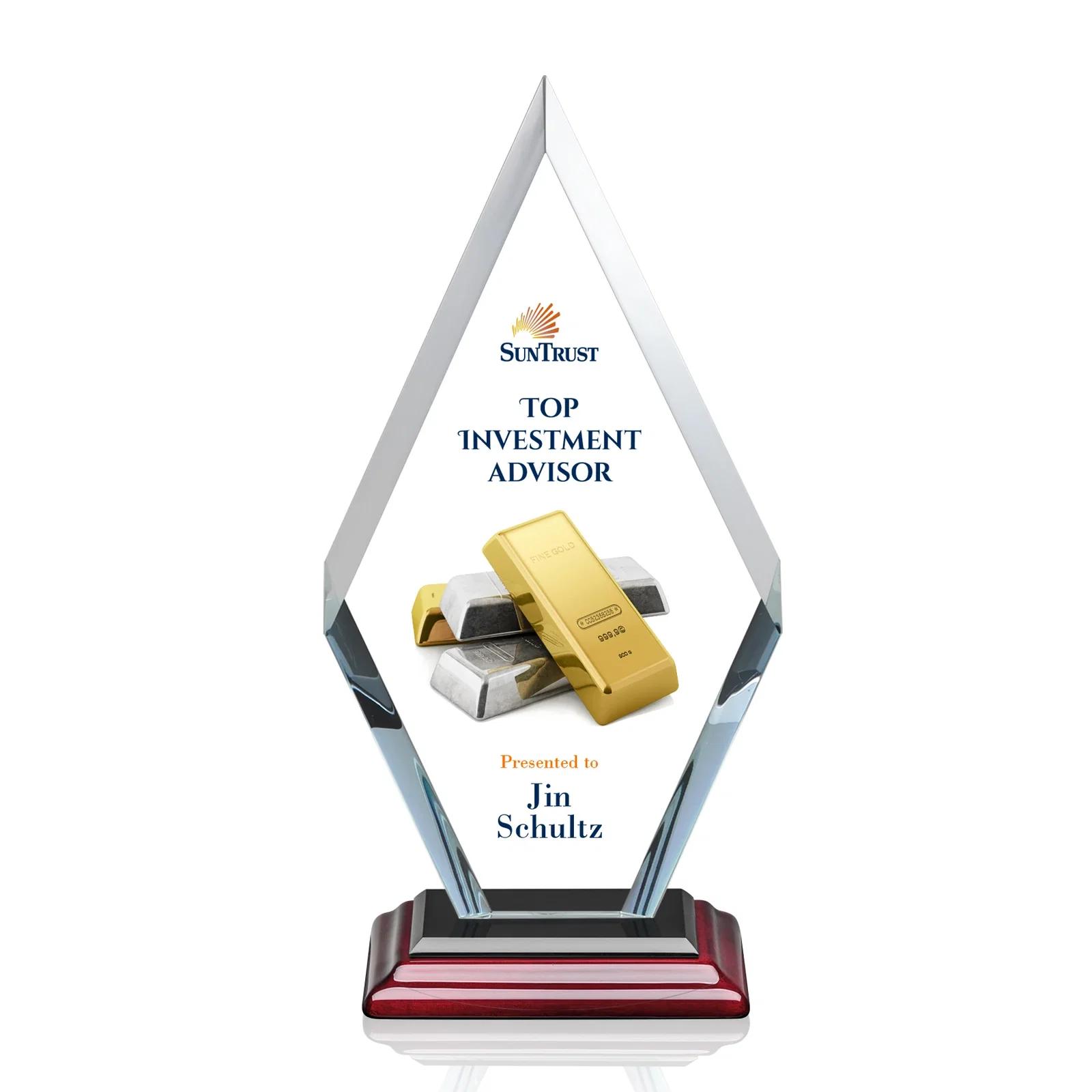 Custom printed Starfire Crystal Diamond Award, Also in Rosewood Crystal for service anniversary gifts