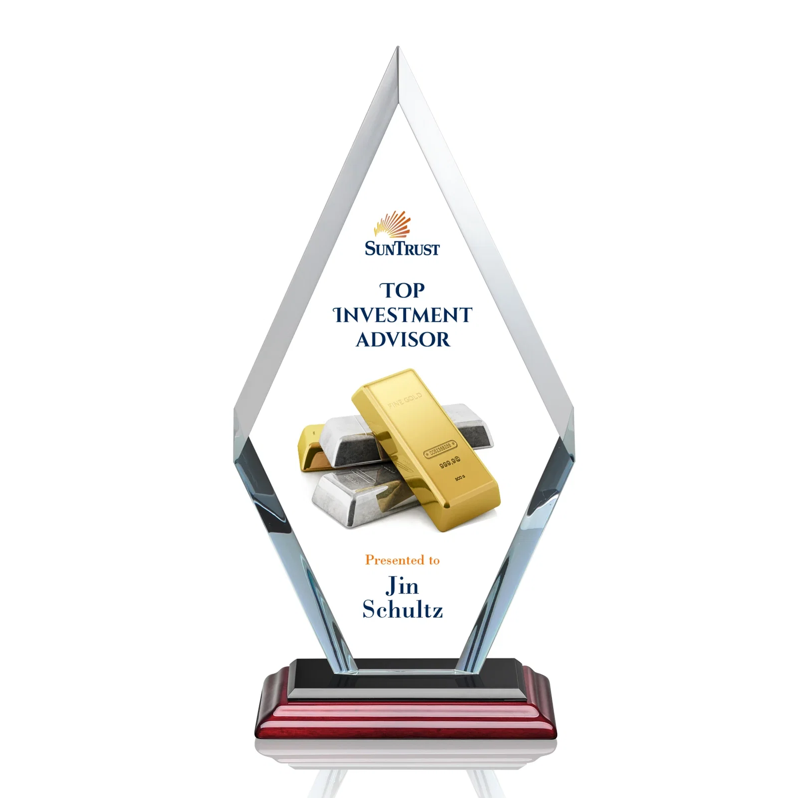 Custom printed Starfire Crystal Diamond Award, Also in Rosewood Crystal for sales achievement awards